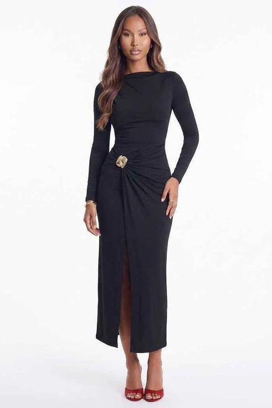 Ruched Slit Long-Sleeve Bodycon Dress