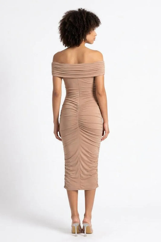 Sculpted in Sand Off-Shoulder Ruched Midi Dress