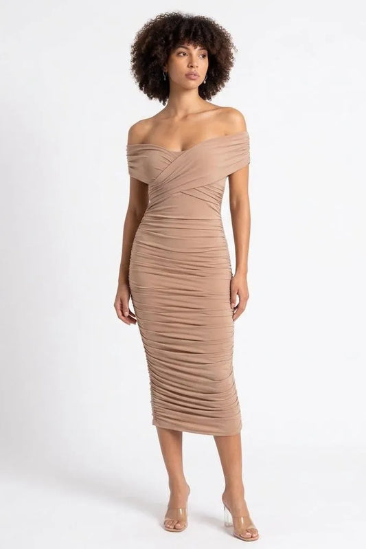 Sculpted in Sand Off-Shoulder Ruched Midi Dress
