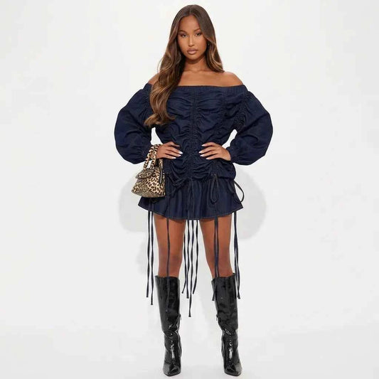 Indigo Tethered Off-Shoulder Denim Dress