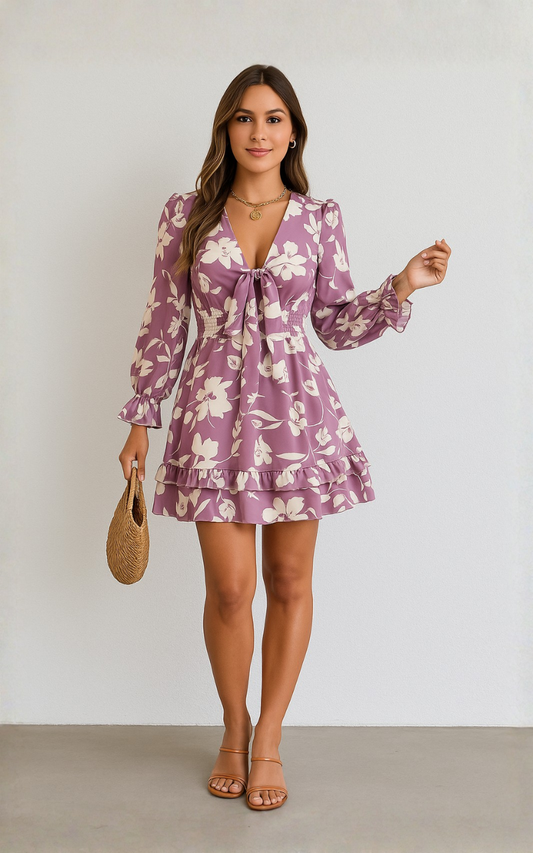 Robe imprimée à manches longues et volants