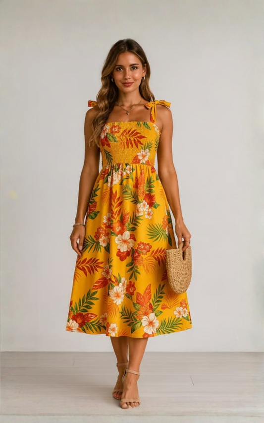 Robe corset à bretelles à imprimé floral – Robe longue de plage tendance pour femme