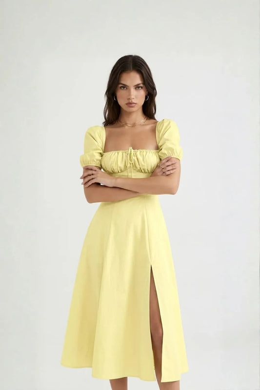 Puff Sleeve Tie Front Slit Midi Dress