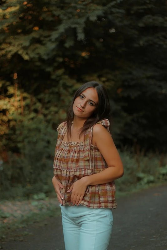 Mori Whisper – Bow Tie-Neck Plaid Top