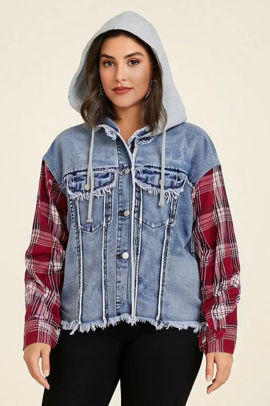 Raw Hem Drawstring Plaid Denim Jacket