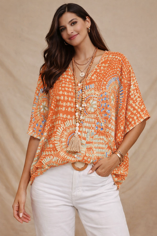 Mandala Muse – Boho Batwing V-Neck Blouse