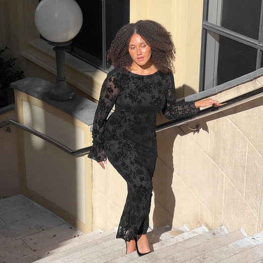 Flocked Midnight Temptation Lace-Up Dress