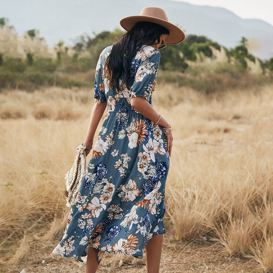 Robe de plage d'été à fleurs et col en V – Mode féminine légère et élégante