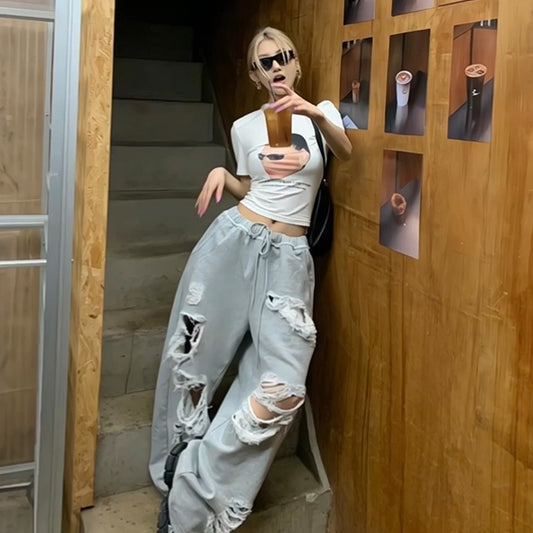 Grey Distressed Wide-Leg Pants