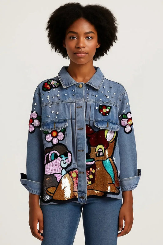 Cartoon Sequin Patch Denim Jacket