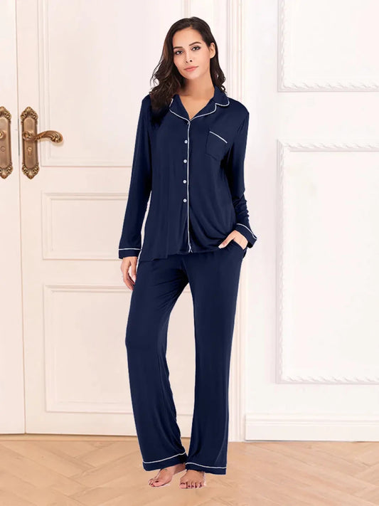 Collared Neck Long Sleeve Loungewear Set with Pockets - Lustreve