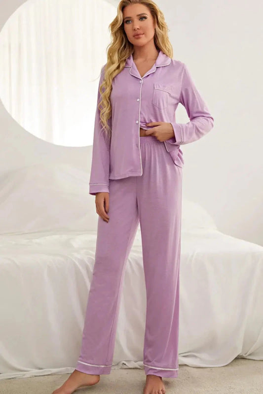Contrast Piping Button Down Top and Pants Loungewear Set - Lustreve