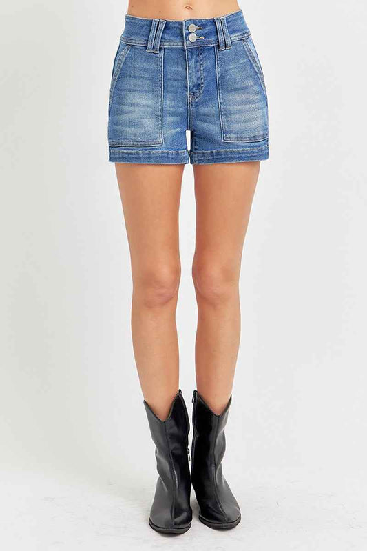 RISEN Full Size High Rise Patched Front Pocket Shorts Plus Size