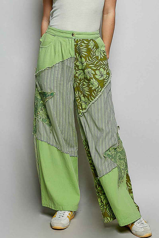 POL Striped Floral Patchwork Wide leg Pants with Side Big Star Patch