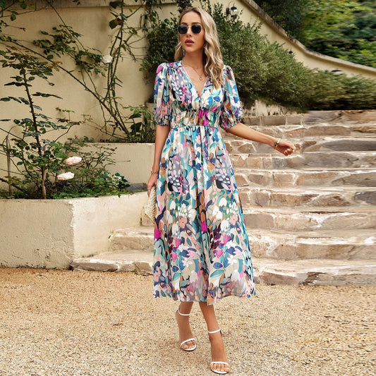 Robe longue imprimée à manches courtes et col en V – Mode vacances d'été à la plage