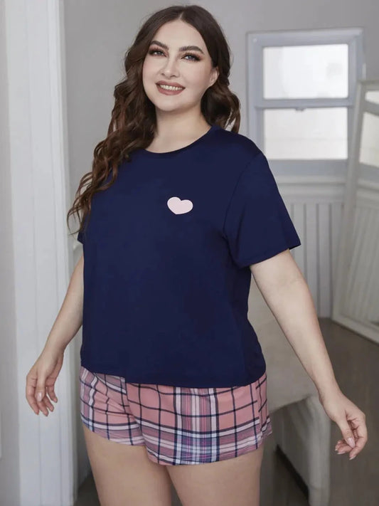 Plus Size Heart Graphic Top and Plaid Shorts Loungewear Set - Lustreve
