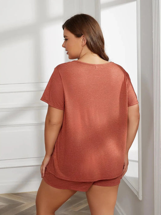 Plus Size Round Neck Short Sleeve Two - Piece Loungewear Set - Lustreve