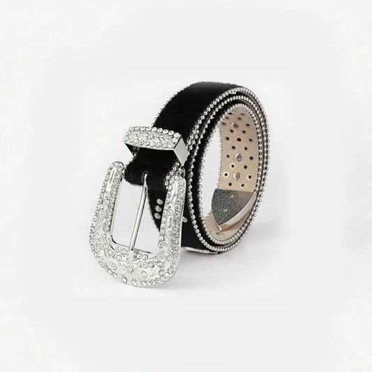 PU Leather Inlaid Rhinestone Belt - Lustreve
