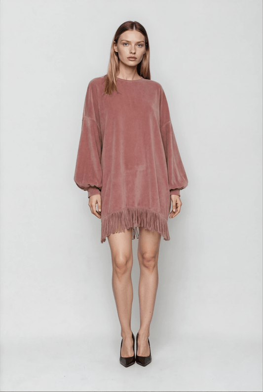 Soft Focus Fringe - Sway Sweater Mini Dress - Lustreve
