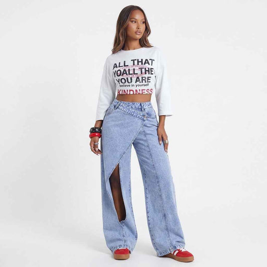 Crossed Lines Washed Wrap-Front Wide-Leg Jeans