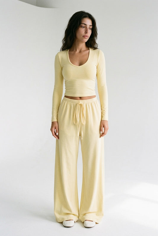 Lemon Day Lounge Two-Piece Set with Scoop-Neck Crop Top & Wide-Leg Pants