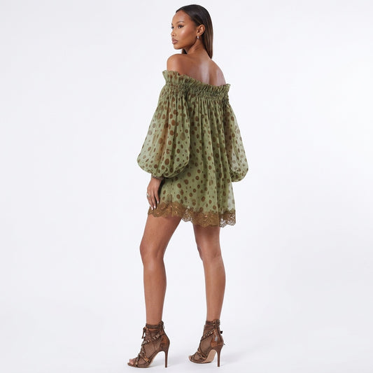 Mosslight Off-Shoulder Sheer Polka Dot Mini Dress
