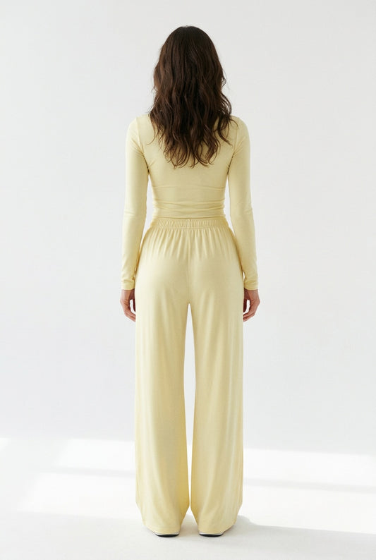 Lemon Day Lounge Two-Piece Set with Scoop-Neck Crop Top & Wide-Leg Pants