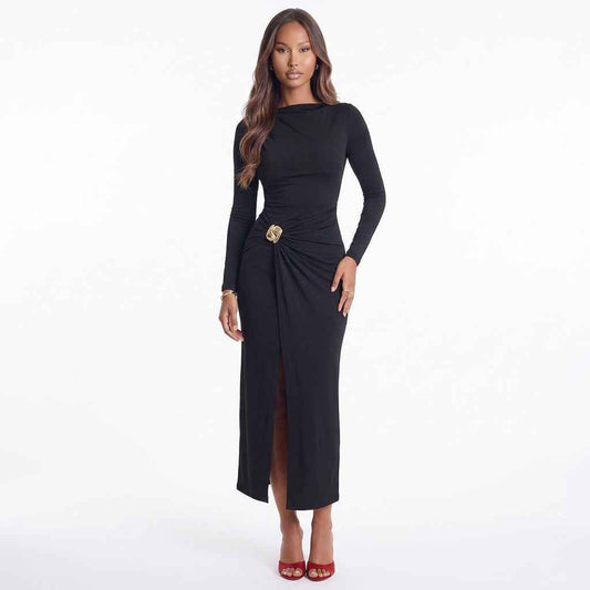 Ruched Slit Long-Sleeve Bodycon Dress