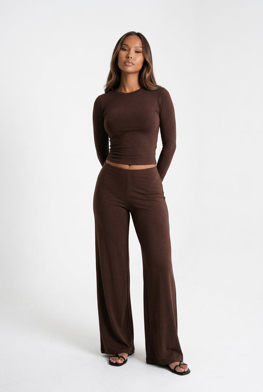 Mocha State of Mind Long Sleeve Top and Wide-Leg Pants Set