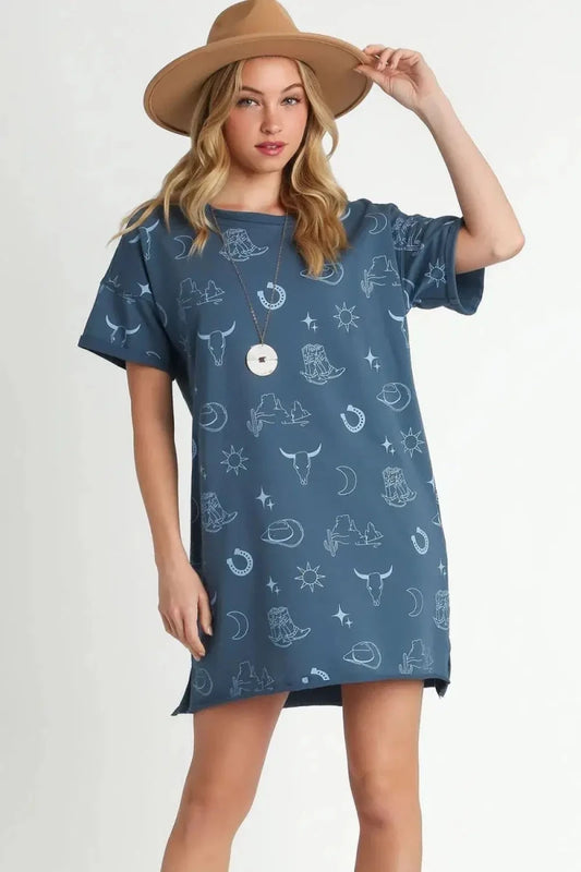 Umgee Full Size French Terry Short Sleeve Round Neck Dress Plus Size - Lustreve
