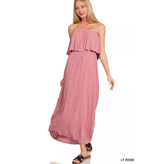Woven Crinkle Strapless Maxi Dress - Lustreve