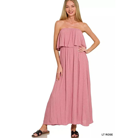 Woven Crinkle Strapless Maxi Dress - Lustreve