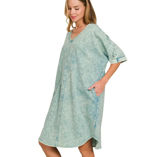 Zenana Acid - washed French Terry Tee Shirts Dress - Lustreve