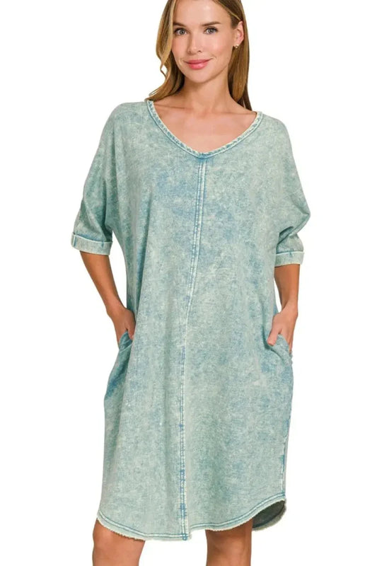 Zenana Acid - washed French Terry Tee Shirts Dress - Lustreve