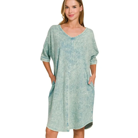 Zenana Acid - washed French Terry Tee Shirts Dress - Lustreve