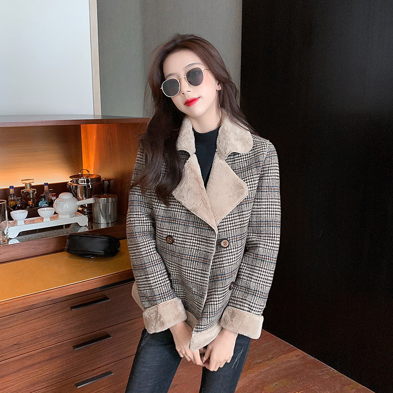 All-match Thick Plaid Woolen Fur Coat