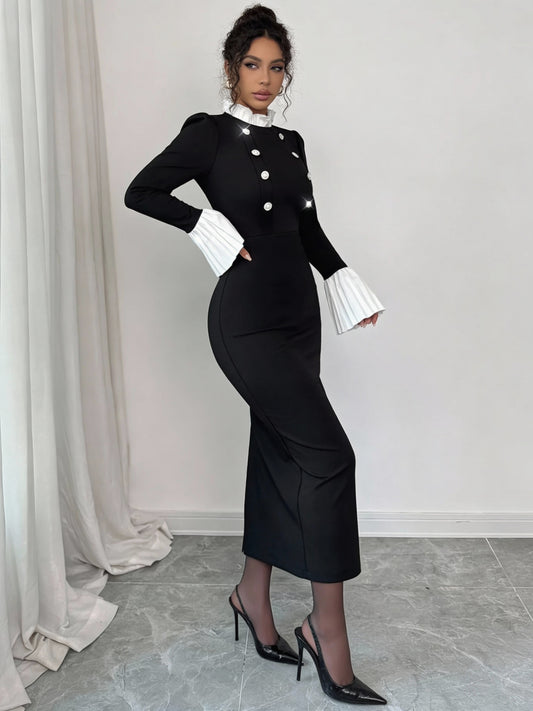 No Apologies Buttoned Authority Midi Dress – Black