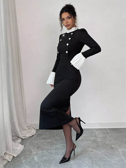 No Apologies Buttoned Authority Midi Dress – Black