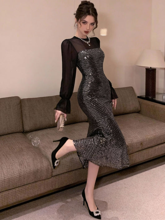 After Dark Only Sequin Mesh Midi Dress – Black