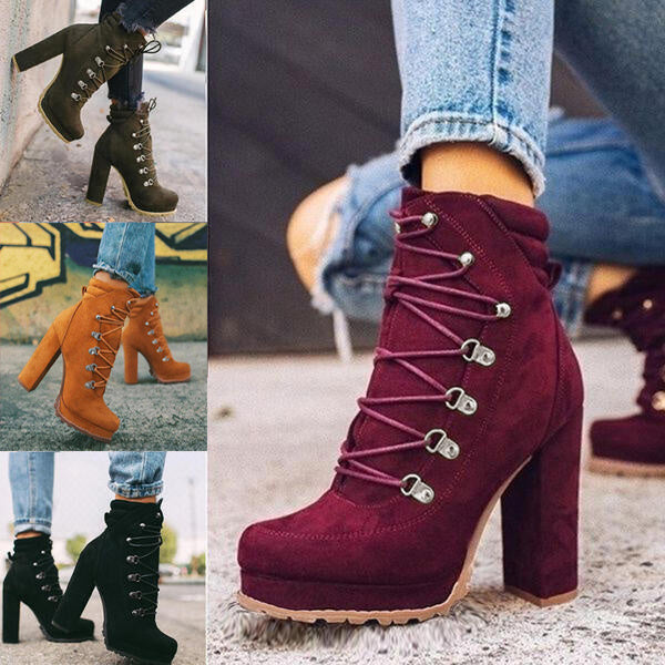 Women's Lace-Up Mid-Calf Heeled Boots – Stylish Round Toe High Heel Boots