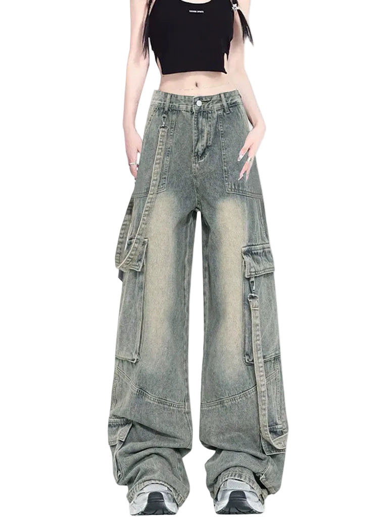 A pair of high-waisted, full-length denim jeans with multiple pockets, displayed in various poses on a model.