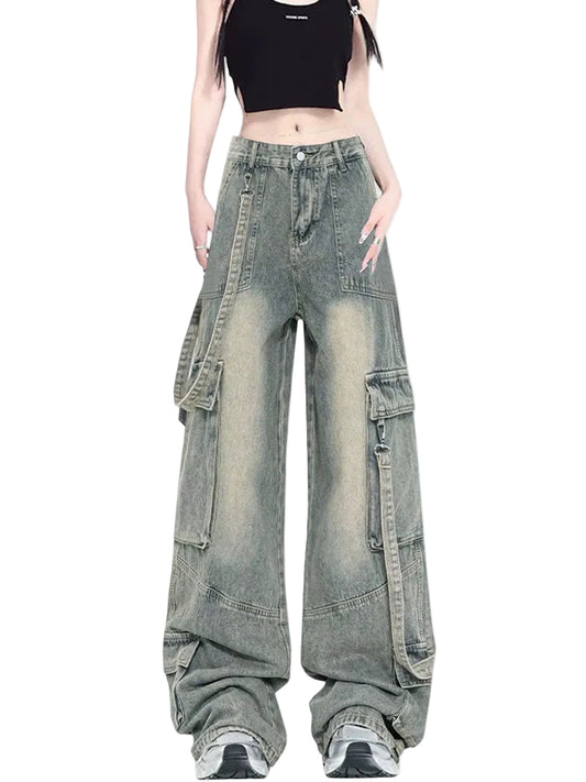 A pair of high-waisted, full-length denim jeans with multiple pockets, displayed in various poses on a model.