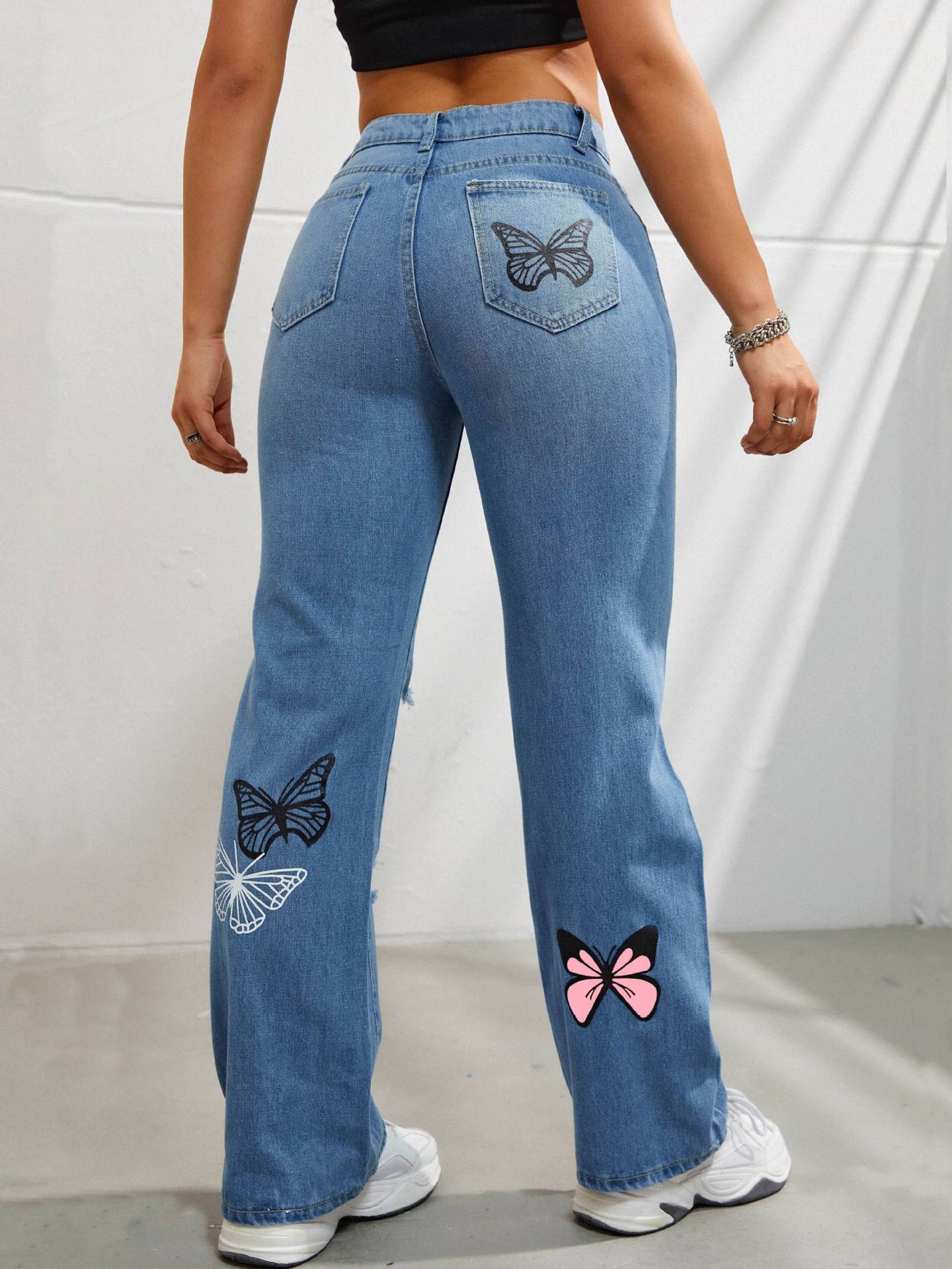 Pantalon en jean imprimé papillon Feel The Wind