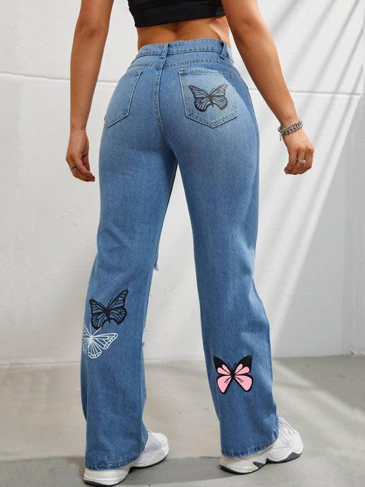Pantalon en jean imprimé papillon Feel The Wind