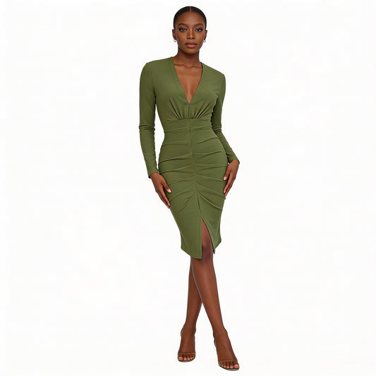 Ruched Deep V-Neck Bodycon Midi Dress