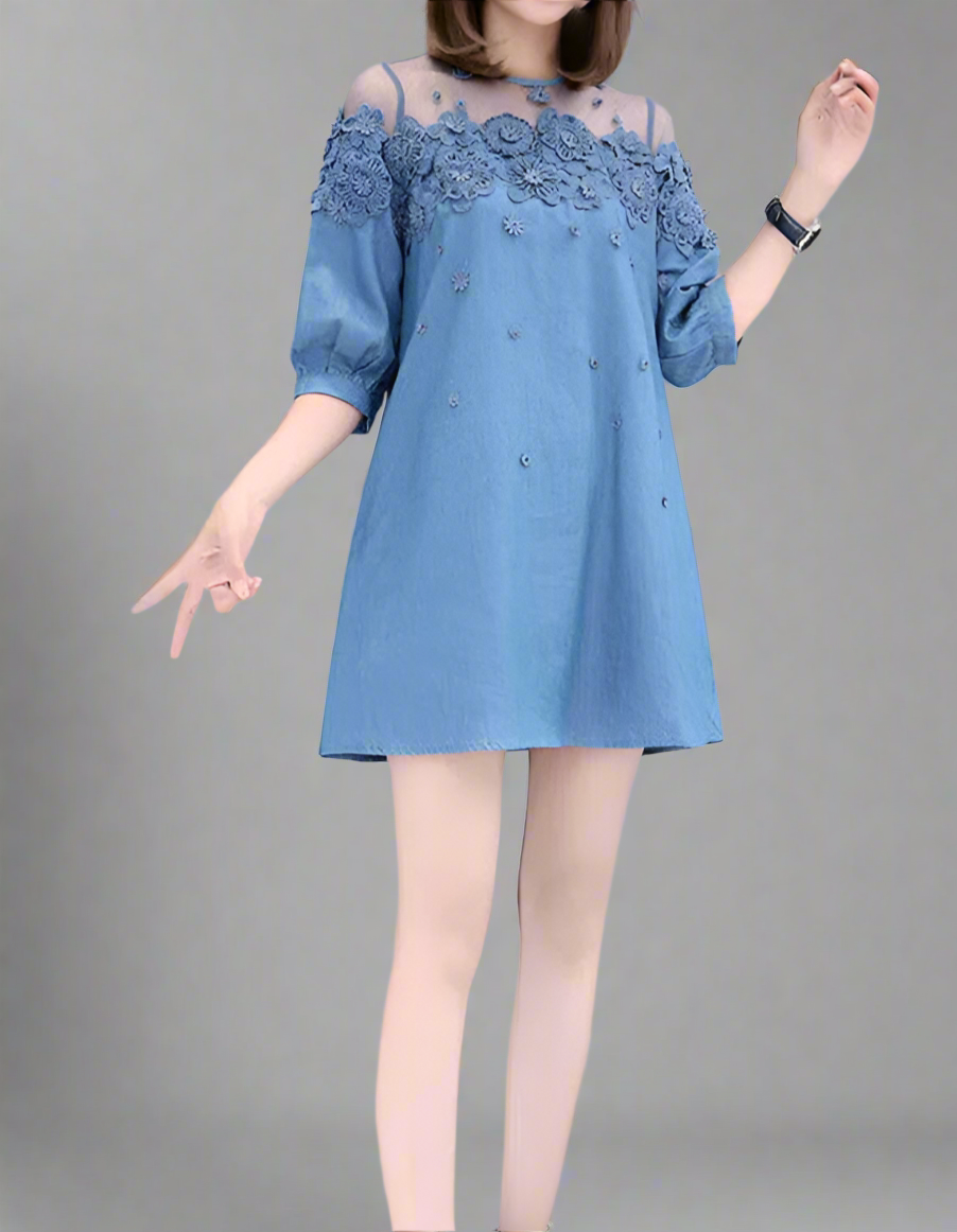 Aurelia Embroidered Beaded A-Line Denim Midi Dress