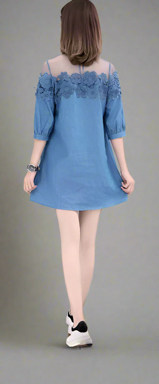 Aurelia Embroidered Beaded A-Line Denim Midi Dress