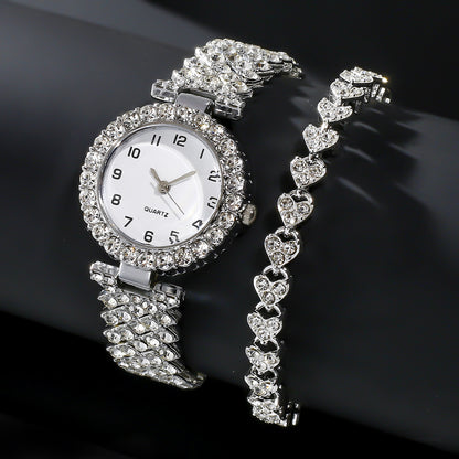 2pcs Silver Strap Quartz Wristwatch & Alloy Bracelet Luxury Fashion