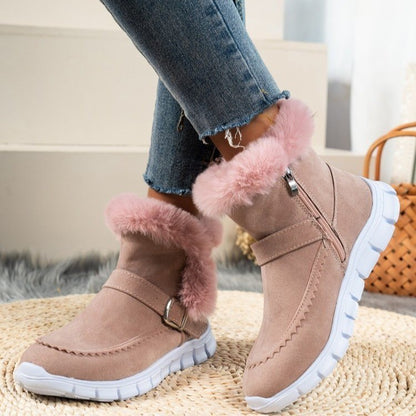 Women’s Winter Snow Boots - Warm Plush Ankle Boots with Buckle & Side Zipper