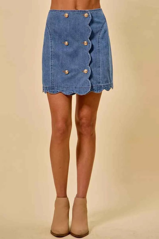 SO ME Denim Scalloped Buttoned Front Skirt